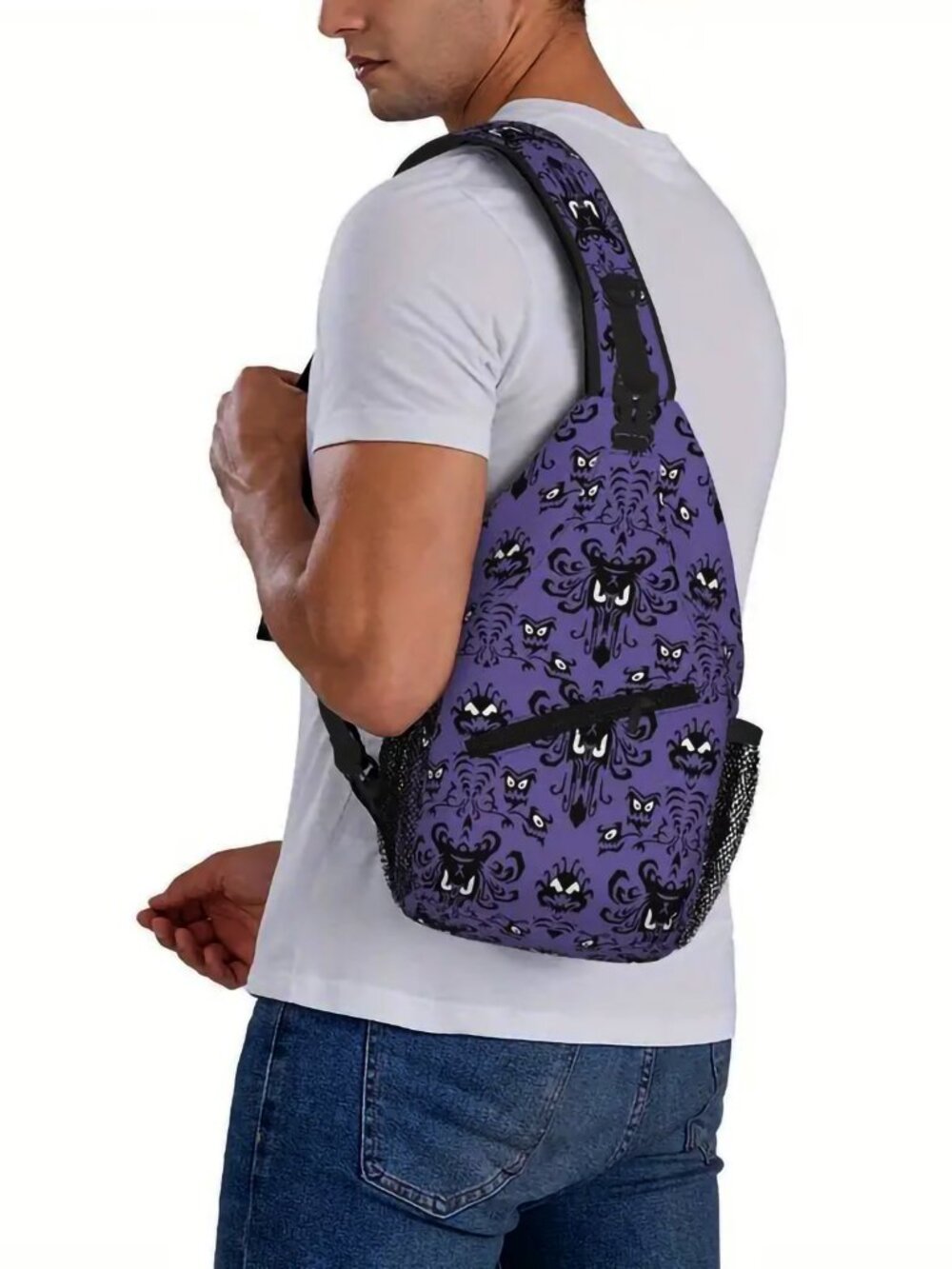 NEW! Haunted Mansion Purple Wallpaper Sling Bag Crossbody Foolish Mortal Disney - Picture 3 of 7